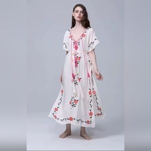 Boho White Maxi Dress with Floral Embroidery